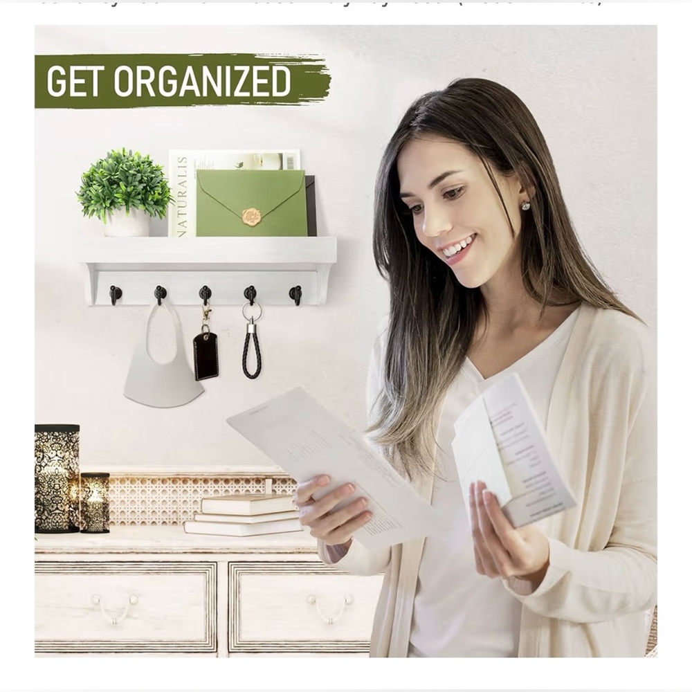 Key and Mail Holder for Wall with Floating Shelf : Decorative Hanging Organizer - Picture 2 of 10